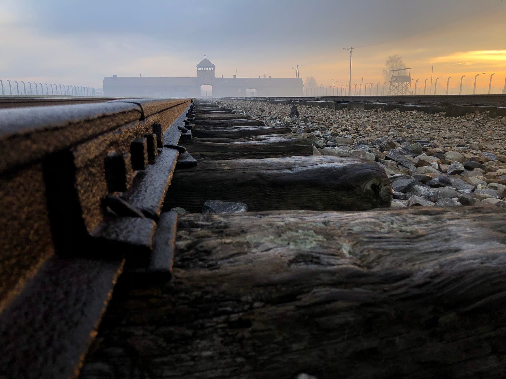 The gate and railway ramp at Auschwitz II-Birkenau memorial