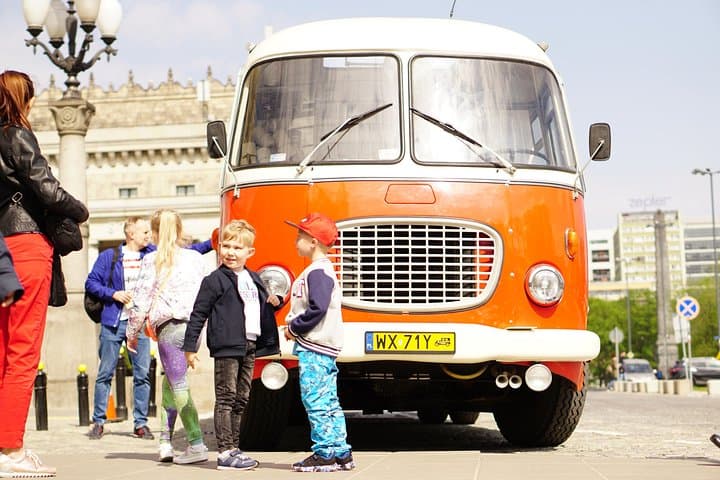 Retro bus in front of the Palace of Culture and Science